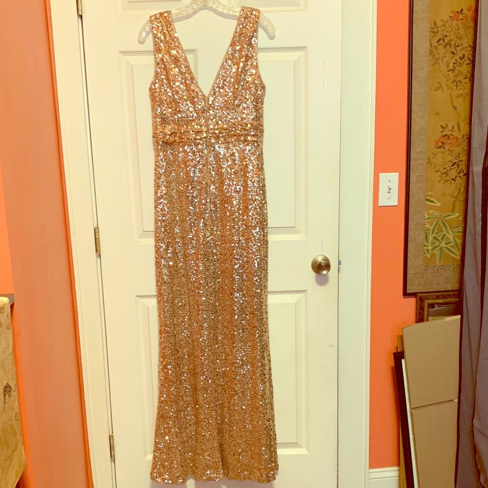 Belle by Badgley Mischka Rose Gold Sequined Gown.